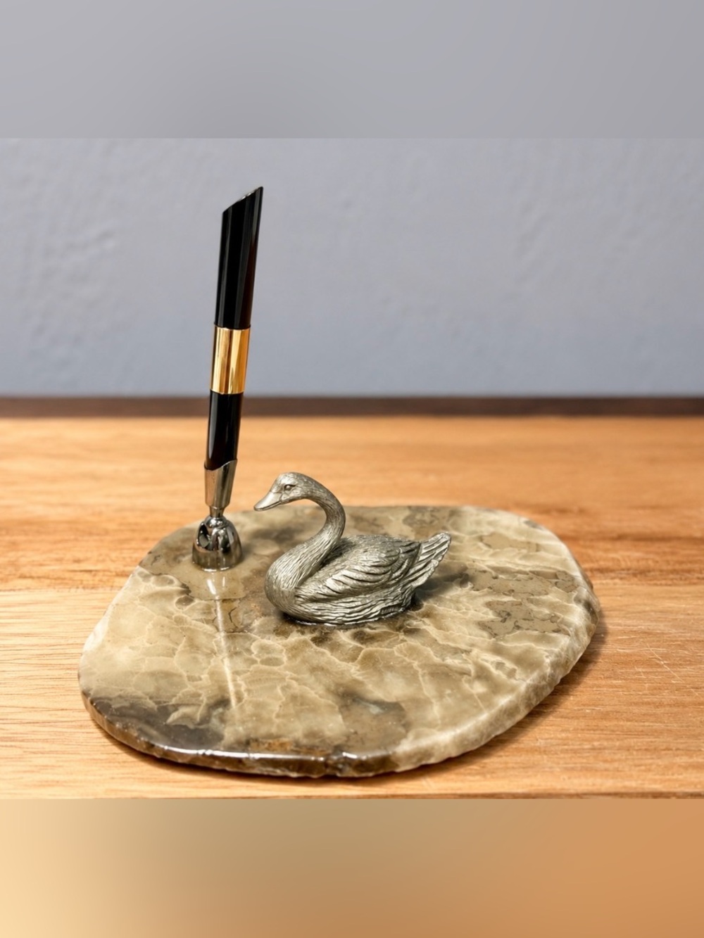 Vintage 1870s Pewter/ Silver tone Swan Pen Holder on Onyx stand.